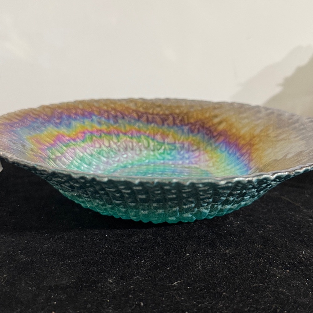 Art Glass Turkish Round Iridescent Multicolored Waffle Bowl 8.5” - Picture 3 of 4